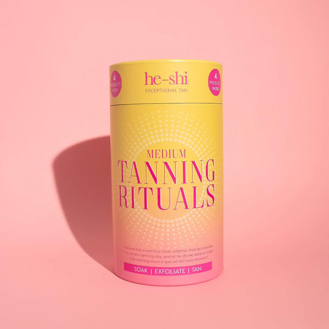 Video showing He-Shi Tanning Rituals Gift Set, the products inside & key ingredients